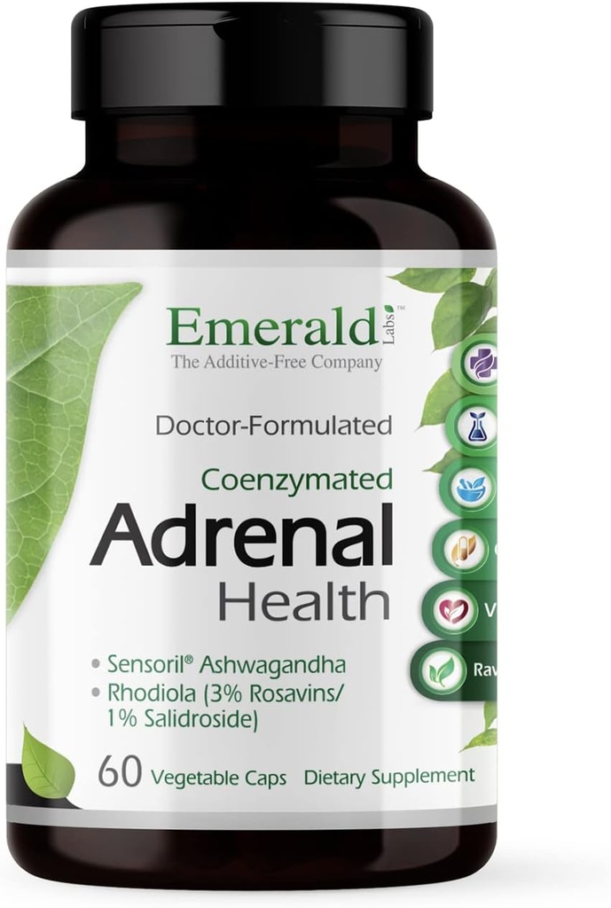 EMERALD LABS Adrenal Health - Stres Yardımı, Enerji Desteği ve Restoratif Uyku Sensörli Ashwagandha, B Vitaminleri, Rhodiola & More* - Gluten-Free - 60 Sebze Capsules (30-Day Supply)