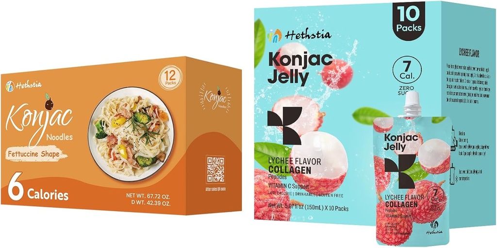 Hethstia Konjac Jelly Lychee Flavor with Collagen and 10 Packs and Konjac Fettuccine Gluten Free 12 Packs Low Calorie, Keto, Sugar Free,health Food Food