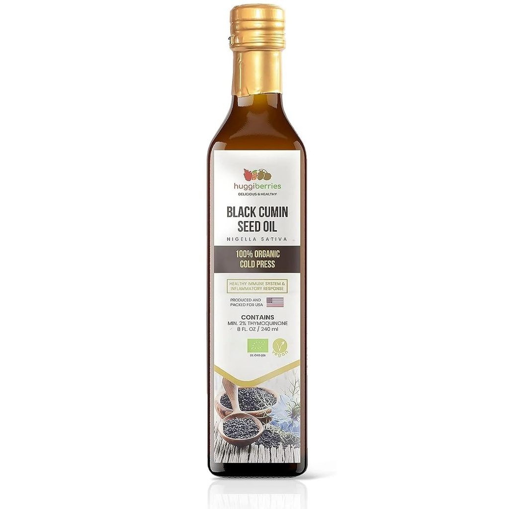 Huggiberries Organic Black Seed Oil Liquid - Glas şişe- Gluten-Free Oil for Salads, Dips, Dressings, Veggies - Cold Pressed Turkish Cumin, Rich in Yourmoquinone Immunity Supplement - 8 fl.oz. /250 ml