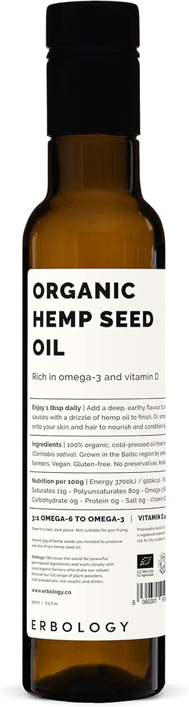 Erbology Organic Hemp Seed Oil 8.5 fl oz - Ψυχρό-Pressed - Πλούσιο σε Omega-3 - Πηγή της βιταμίνης D - Κατευθείαν από τη φάρμα - Μη-GMO - Δεν Πρόσθετα ή Συντηρητικά - Ανακυκλώσιμη γυάλινη φιάλη