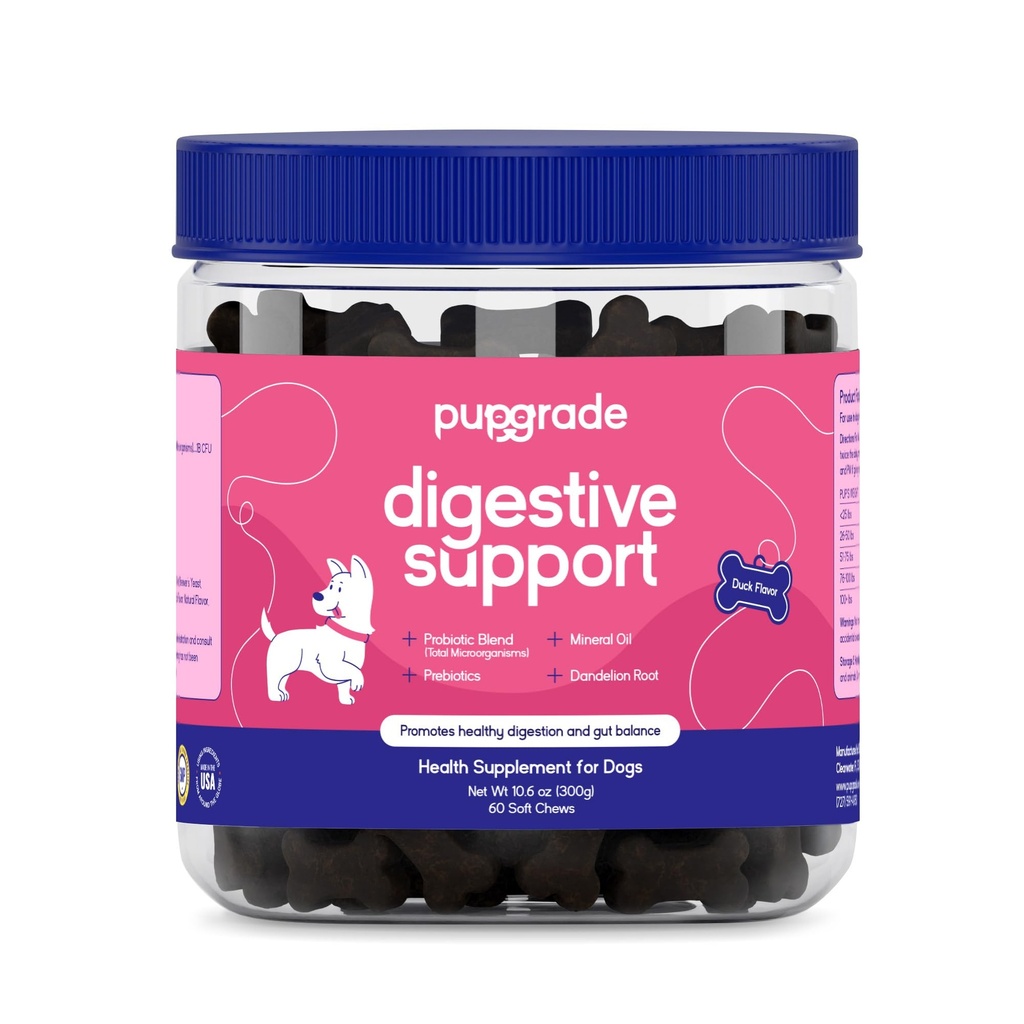 PupGrade Digestive Support Chews for Dogs - Prebiyotik and Probiyotik Supplement with Enzyme Blend - Upset Stomach, Diarrhea, Bowel, ve Immune Support - Candy, Blueberry, Mineral Oil - 60 Soft Chews