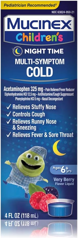 Soğuk, Cough, ve Ateş, Mucinex Çocuklar'ın Multi-Symptom, Night Time Cold Liquid, Karma Berry, 4oz, Ateşi Azaltıyor, Kontroller Cough, Relieves Thingsy Nose