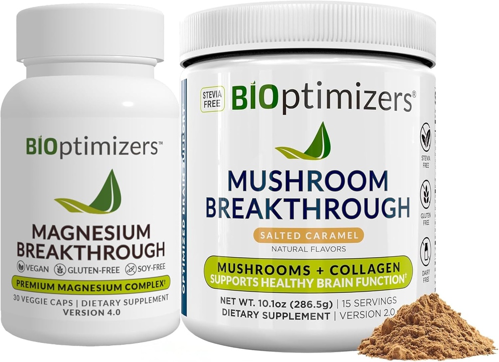 BiOptimizers Magnesium Breakthrough 4.0, (30 κάψουλες) & Mushroom Breakthrough σκόνη (Salted Caramel, 15 εξυπηρετούν) - φυσικό ύπνο και εγκέφαλο Superfood & συμπλήρωμα Bundle