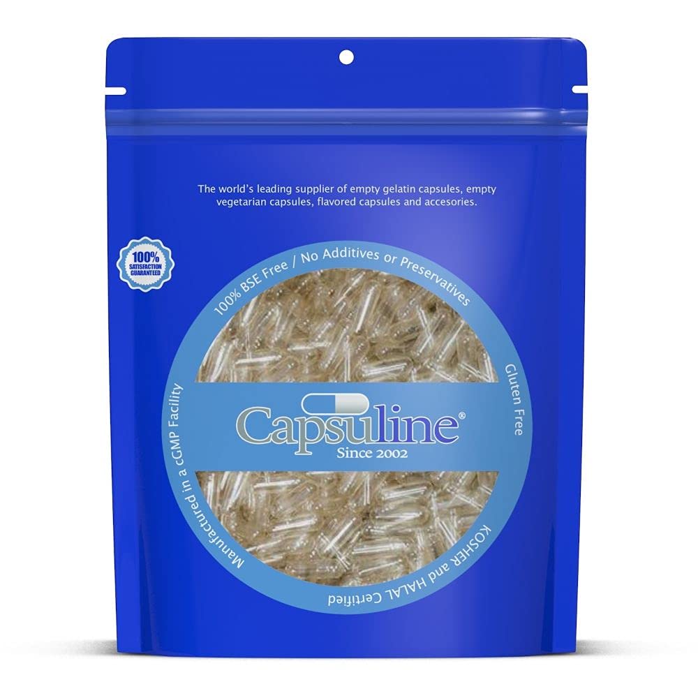 Capsuline Boyut 00 - Clear Boş Gelatin Capsules - Boş Gel Pill Capsules - DIY Pure Bovine Pill Capsule - Boş Caps - Kosher, Gluten Free, Halal ve Non-GMO (500 Kont, Clear)