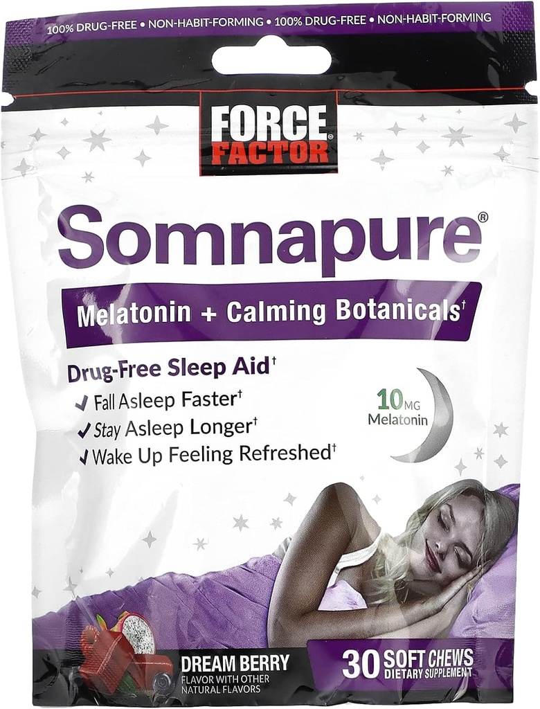 FORCE FACTOR Somnapure Soft Chews with 10 mg Melatonin, L-Theanine, Chamomile, Lemon Balm, Dream Berry Flavor, 30 Soft Chews