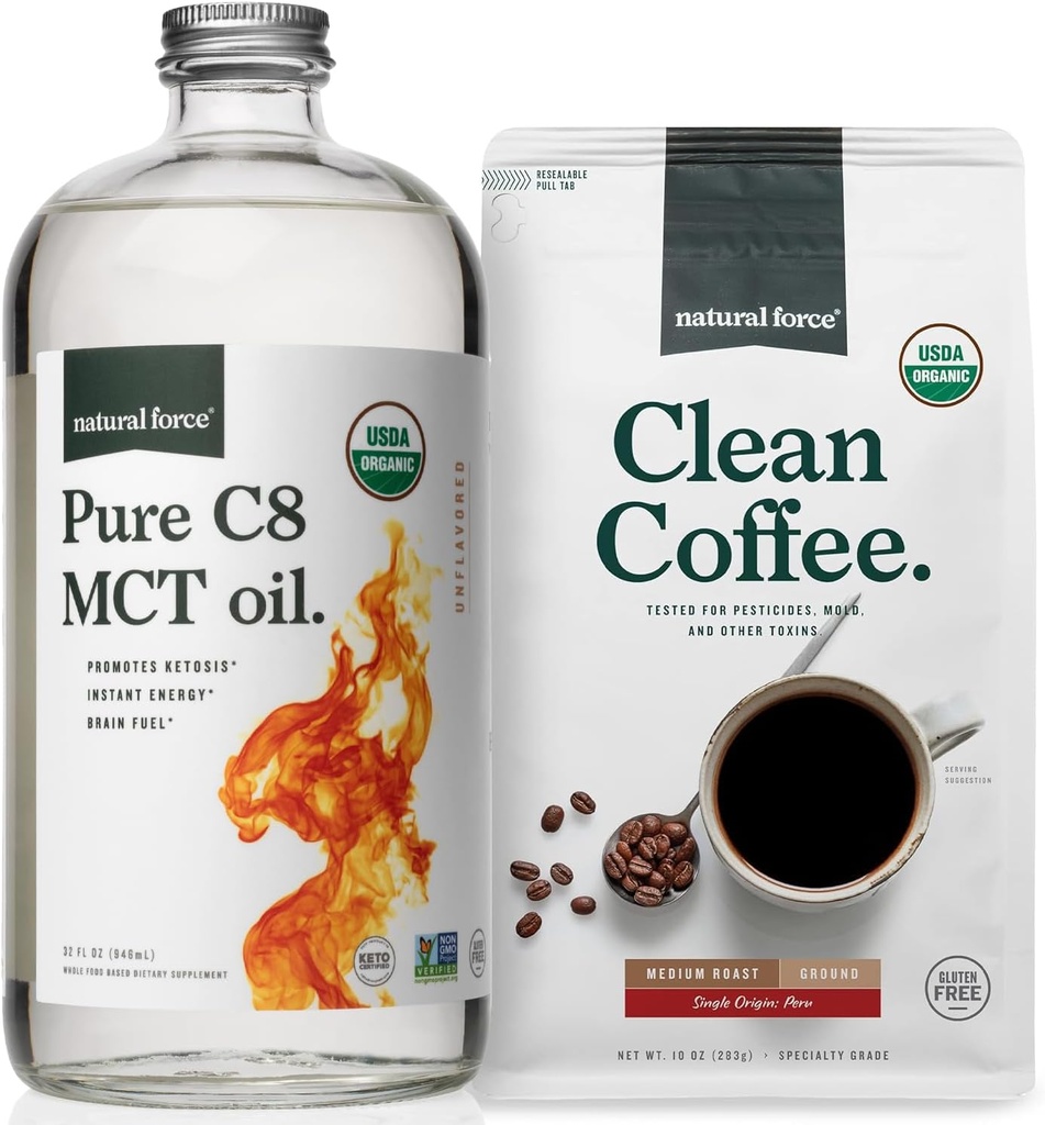 Doğal Kuvvet Organik Zemin Temiz Kahve + Organik Saf C8 MCT Petrol Paketi – %100 C8 MCTs & Moldova Free Coffee – Non-GMO, Chem, Paleo ve Vegan - 10 Oz Bag ve 32 Oz Glass Şişe Şişe Şişe