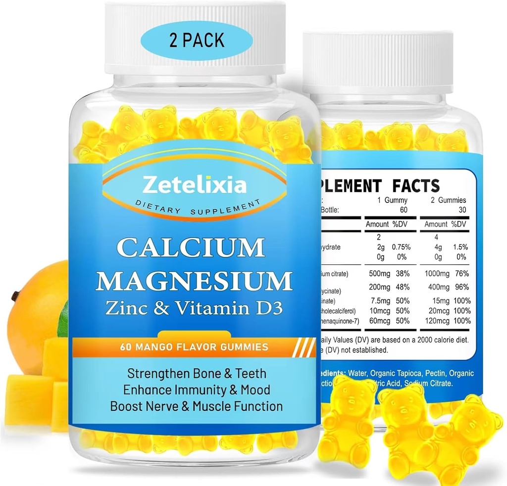 Yetişkinler ve Çocuklar için Magnezyum Gummies,1000 mg Sugar Freeuba Citrate Supplement, Yüksek Absiyon Magnezyum Glycinate Gummies with Vitamin D3 & K2 - Bone & Muscle & Immune Health (2 Pack)