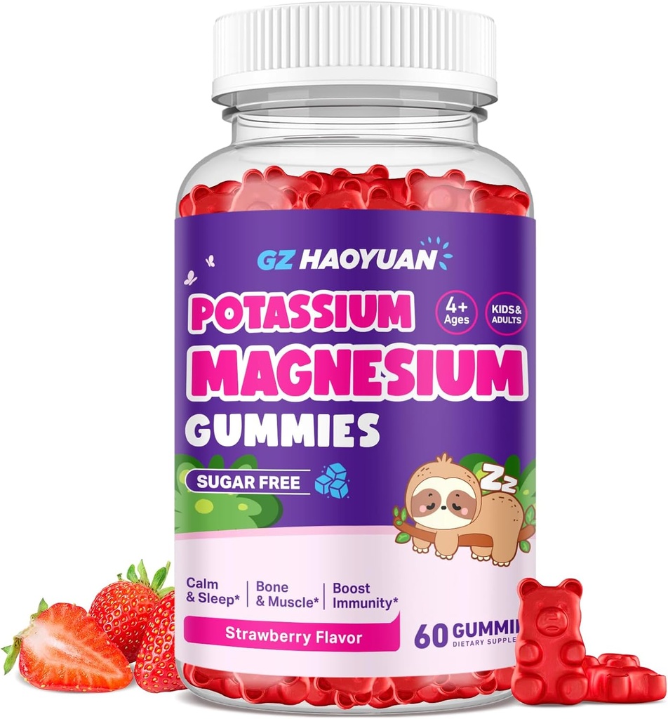 Μαγνήσιο Gummies για παιδιά - Μαγνήσιο Γλυκινικό Gummies με βιταμίνη D3, B6, Κάλιο & Ashwagandha, Μαγνήσιο για παιδιά και ενήλικες Χαλάρωση, Ύπνος, Εγκέφαλος & Υγεία των οστών -Βεγκανική Φράουλα 60ct