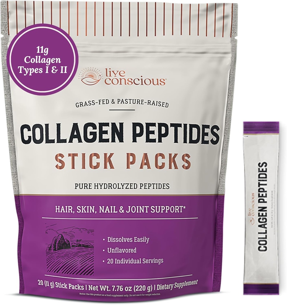 Live Conscious Collagen Powder Toz Unflavored Packets - Hydrolyzed Collagen Toz - Saç, Skin, Nail, & Ortak Destek - Tip I & III Grass-Fed Collagen Supplements for Women and Men - Pack of 20