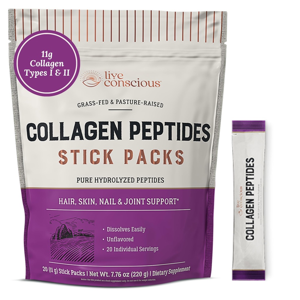 Live Conscious Collagen Powder Toz Unflavored Packets - Hydrolyzed Collagen Toz - Saç, Skin, Nail, & Ortak Destek - Tip I & III Grass-Fed Collagen Supplements for Women and Men - Pack of 20