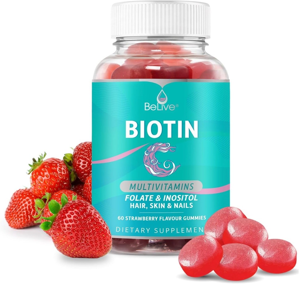 Single Biotin Gummies with MultiVitamins, Folate, Inositol – Saç Büyümesi, Sağlıklı Skin & Nails – Vegan, Pectin Based – Strawberry Flavor (1)