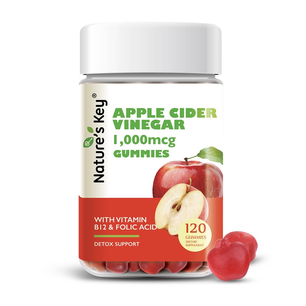 Nature's Key Apple Cider Vinegar Gummies 120 Kont ACV Gummy with Folic Vitamin B6 B12 Beetroot & Pomegranate - Vegan, Non-GMO & Gluten-Free-Free