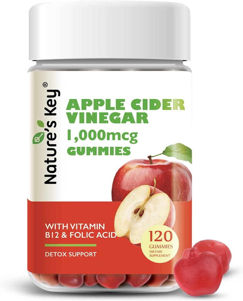 Nature's Key Apple Cider Vinegar Gummies 120 Kont ACV Gummy with Folic Vitamin B6 B12 Beetroot & Pomegranate - Vegan, Non-GMO & Gluten-Free-Free