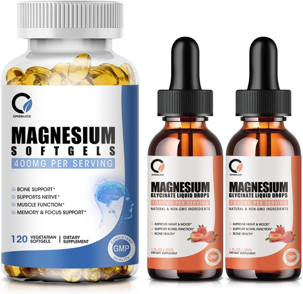 Magnezyum Glycinate Drops & Glycinate 400 mg Erkekler ve Kadınlar için Softgels, Destek Enerji, Gece, Kas & Ortak Fonksiyonl, Non-GMO, Vegan