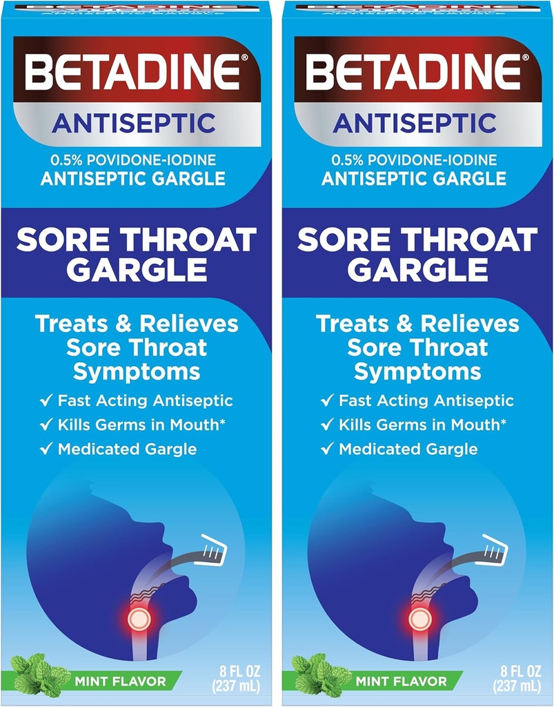 Betadine Sore Throat Relief Gargle, Mint Flavor, Fast Acting Antiseric, Povidone-Iodine% 0.5, 8 oz (Pack of 2)