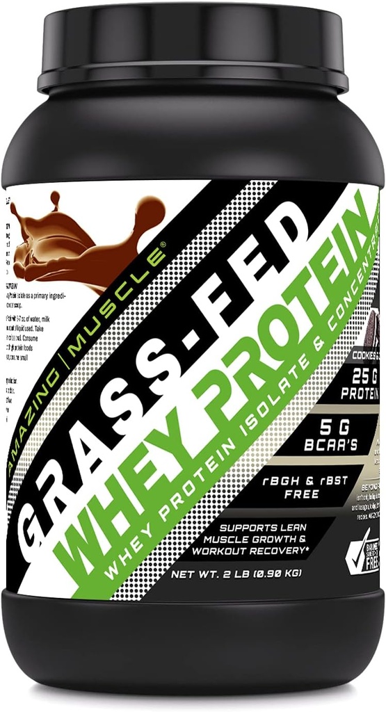 Amazing Muscle Grass-Fed Whey Protein Supplement | 25 G per Service | Cookies & Cream Flavor | 2 Lb (0.90 kg) | Non-GMO | Gluten-Free | Made in USA