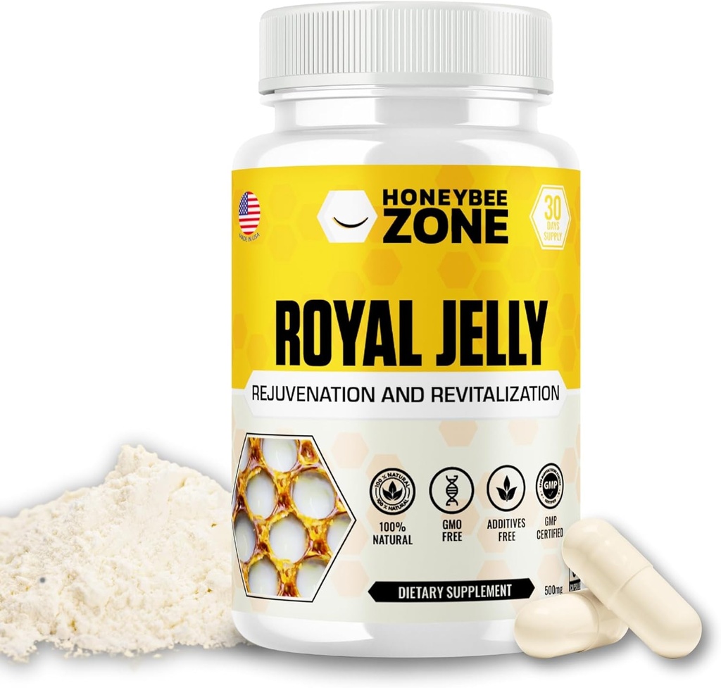 Royal Jelly Capsules – 500 mg Energy, Glowing Skin ve Beyin ATM Supplement | Non-GMO, Gluten-Free, 60 Easy-to-Sw Veallow Capsules