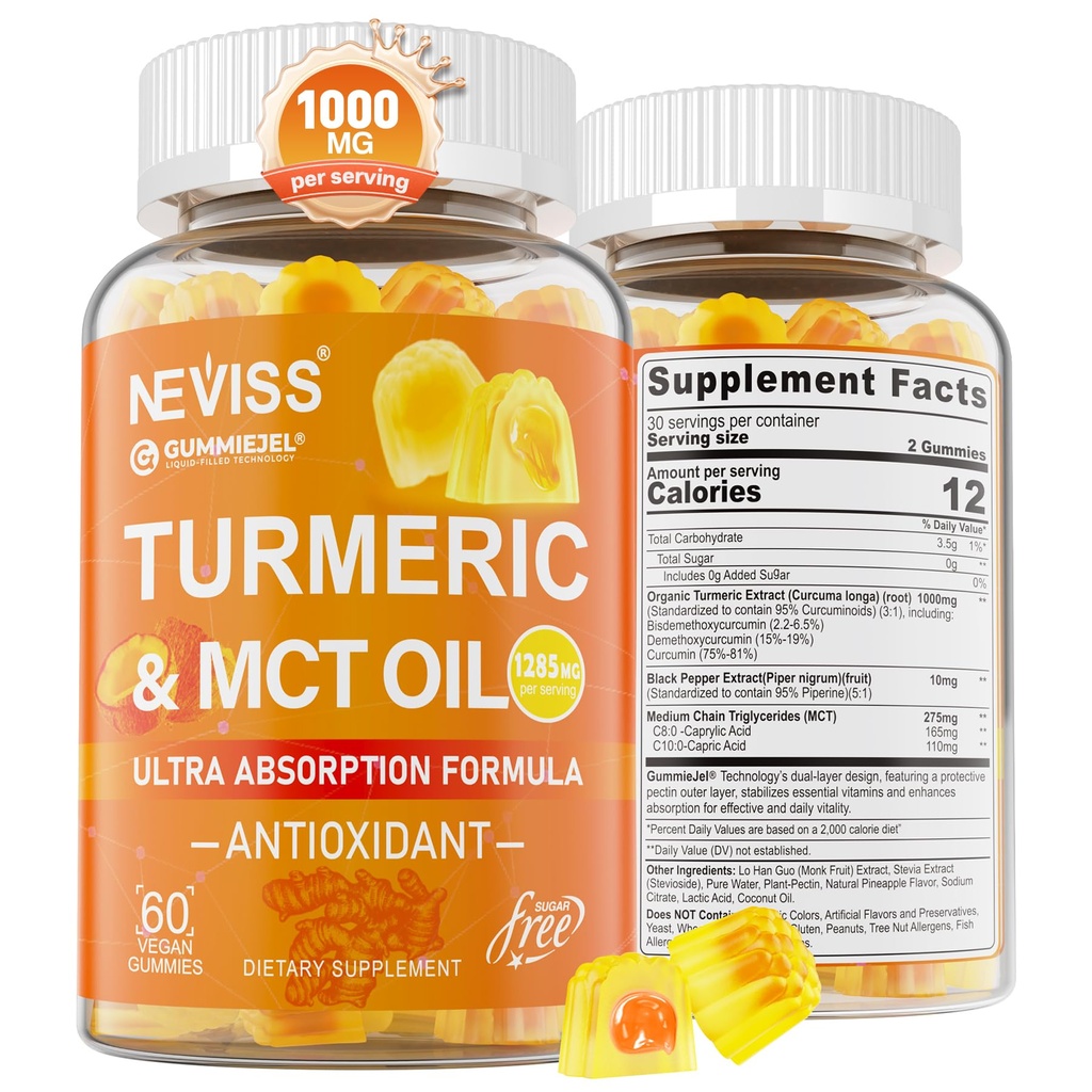 Turmeric Gummies 1000 mg w/MCT Petrol C8 C10, Organik Antioksi, Turmeric Curcumin Supplement with Black Pepper Extract, Support Comfort, Boost Energy, Ultra Abxia, Sugar Free, 60 Cts