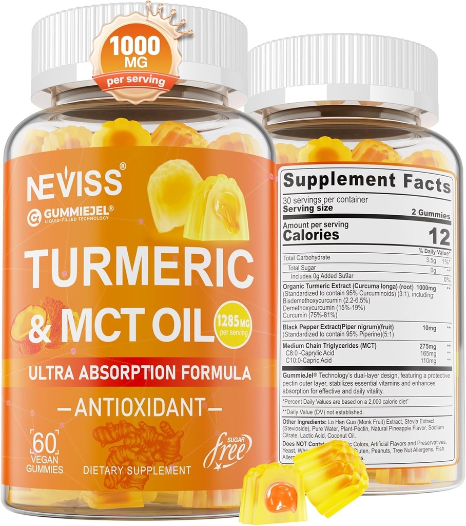 Turmeric Gummies 1000 mg w/MCT Petrol C8 C10, Organik Antioksi, Turmeric Curcumin Supplement with Black Pepper Extract, Support Comfort, Boost Energy, Ultra Abxia, Sugar Free, 60 Cts
