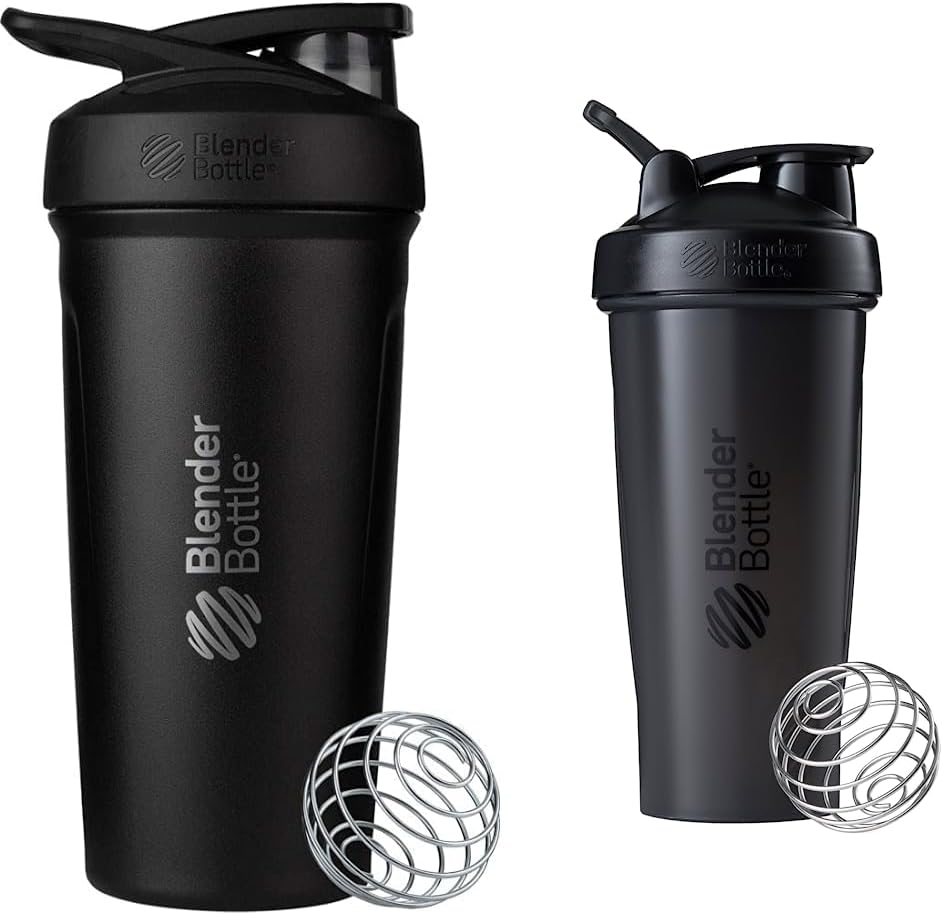 BlenderBottle Strada Shaker Cup, Fiber Steel Water Şişe'i Wiresk, 24Ounce, Black & Classic Shaker Şişe Protein Shakes ve Pre Workout için Mükemmel, 28-Ounce, Black Steel Water Şişe