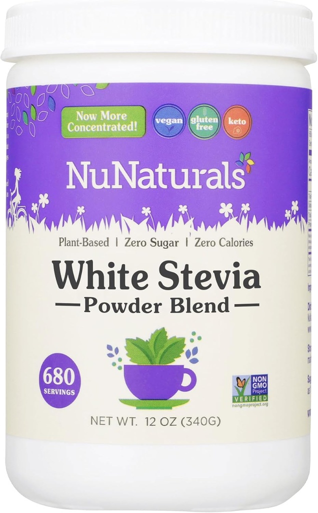 NuNaturals White Stevia Powder Blend, Plant-Based Sugar Substitute, Zero Calorie Sweetener, 12 oz