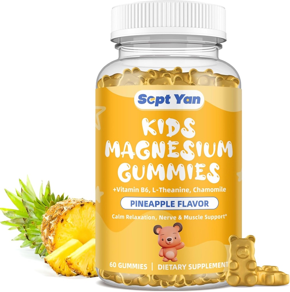 Çocuklar için Magnezyum Gummies - Magnezyum B6, L-theanine, Chamomile & Lemon Balm - Çocuklar ve Yetişkinler için Calm Magnezyum, Rahatlama, Pineapple Flavor 60 Gummies