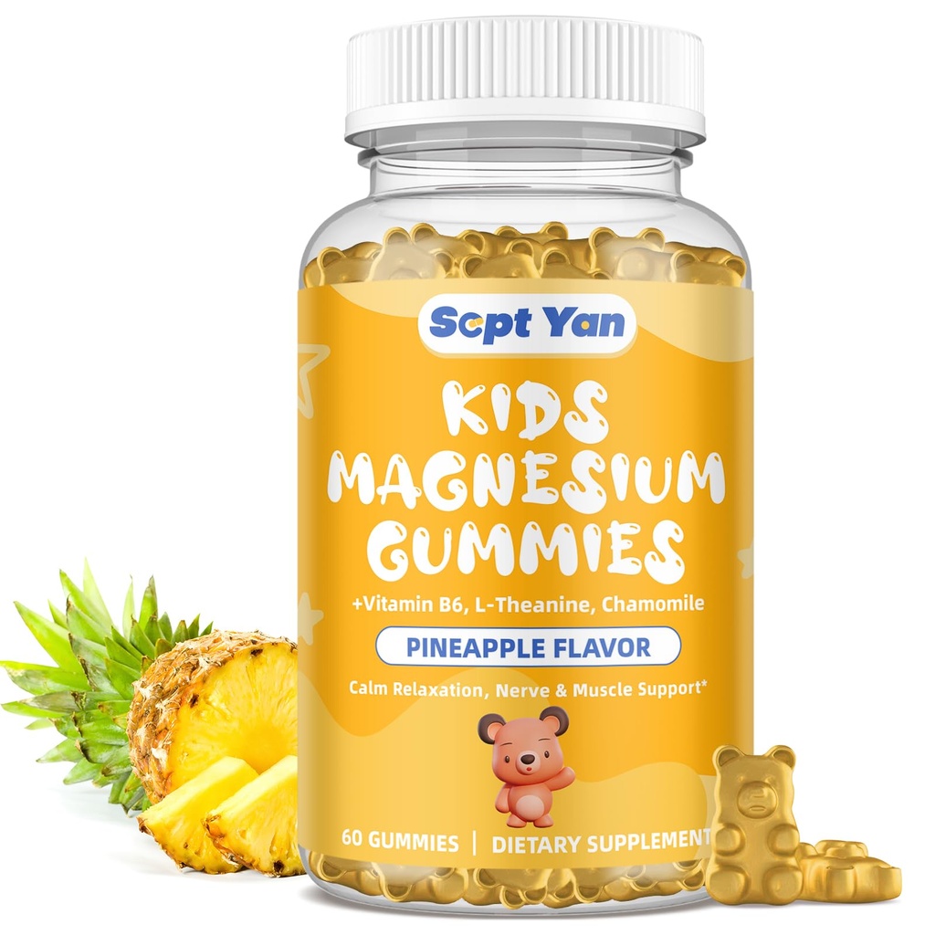 Çocuklar için Magnezyum Gummies - Magnezyum B6, L-theanine, Chamomile & Lemon Balm - Çocuklar ve Yetişkinler için Calm Magnezyum, Rahatlama, Pineapple Flavor 60 Gummies