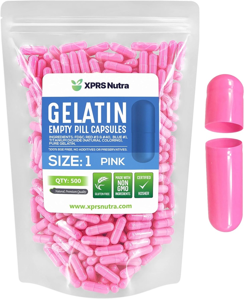 XPRS Nutra Boyutu 1 Boş Kapsüller - 500 Kont Boş Gelatin Capsules - Pill DIY Capsule - Pure Bovine Pill Gel Caps For Do-It- Yourself Supplements (Pink)