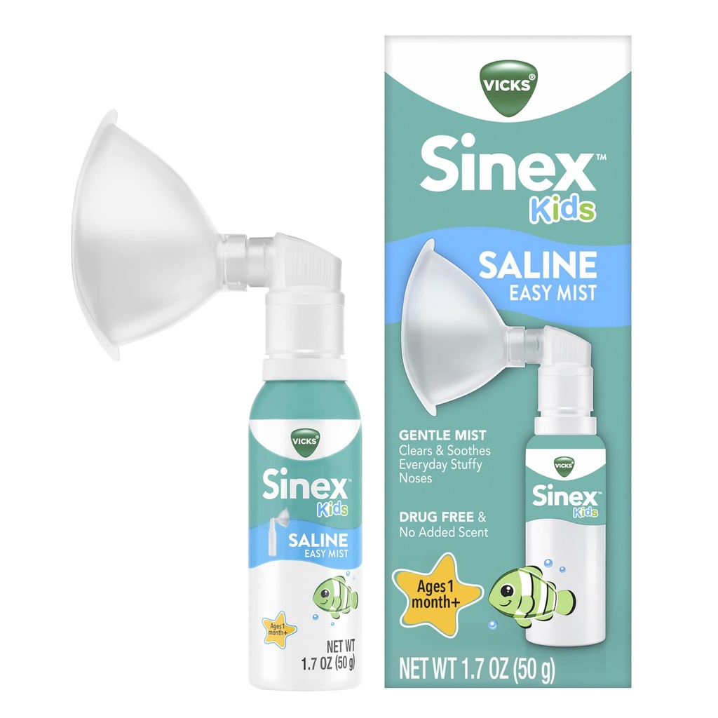 Vicks Sinex Kids Easy Mist, Drug Free Saline, Ages 1 Ay+, Gally Clears and Soothes Everyday Thingsy Nos, Safe for Daily Use, 1.7 OZ