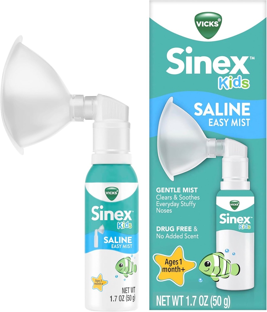 Vicks Sinex Kids Saline Easy Mist, Drug Free Saline, Ηλικίες 1 Μήνα+, Απαλά Καθαρίζει και Καταπραΰνει Καθημερινά Stuffy Noses, Ασφαλής για Καθημερινή Χρήση, 1.7 OZ