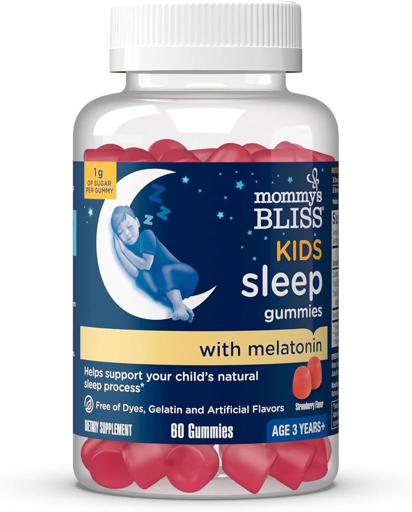 Anne'nin Bliss Kids Sleep Melatonin Gummies, Yapay Renkler, Flavors veya Gelatin, Strawberry Flavor, Age 3+ (60 Gummies)
