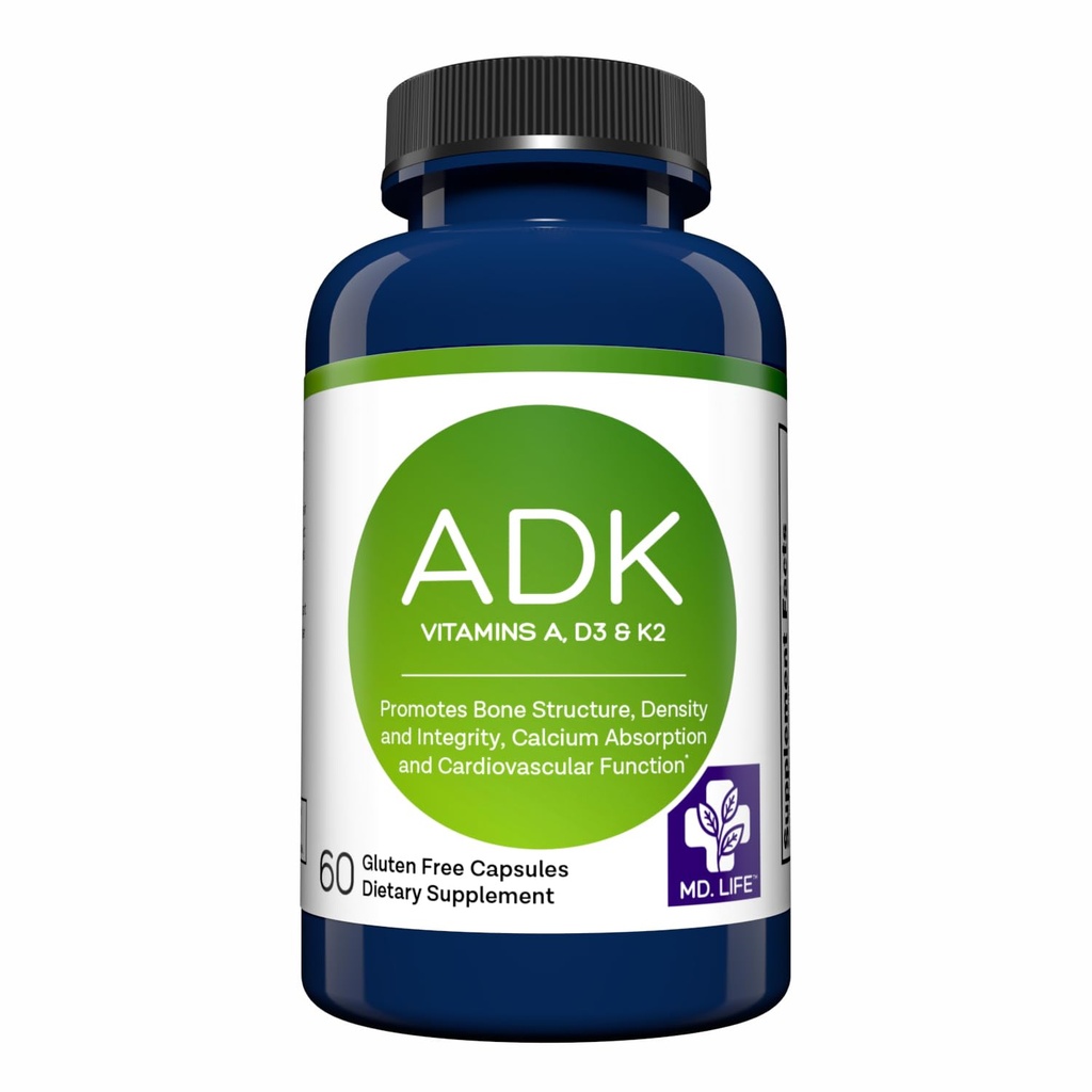 MD.LIFE ADK συμπλήρωμα βιταμίνης – βιταμίνη D3 K2 και ένα σύμπλεγμα – 60 κάψουλες – Υψηλής ισχύος βιταμίνη ADK για την υποστήριξη της υγείας των οστών και της καρδιάς