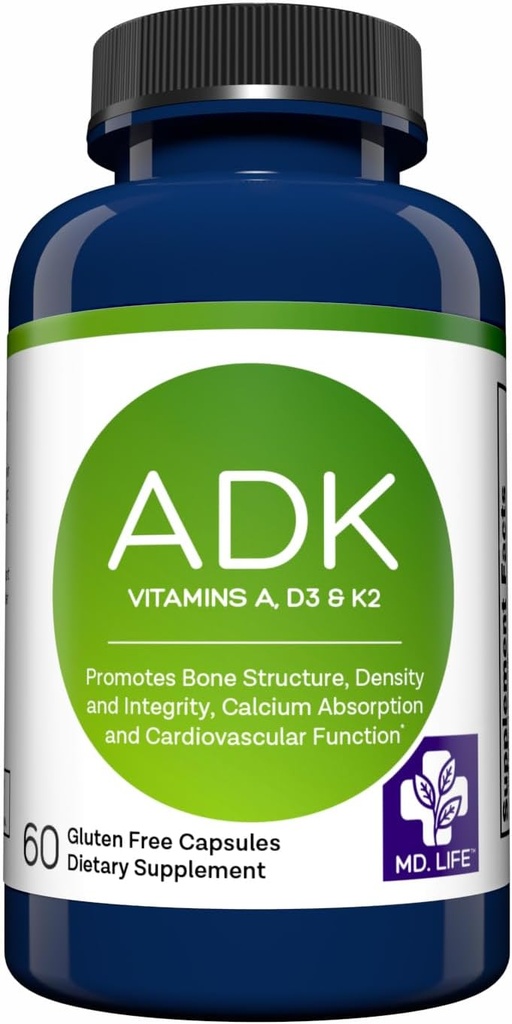 MD.LIFE ADK Vitamin Supplement – Vitamin D3 K2 ve A Kompleks - 60 Capsules – Yüksek Potency Vitamin ADK for Bone and Heart Health Support