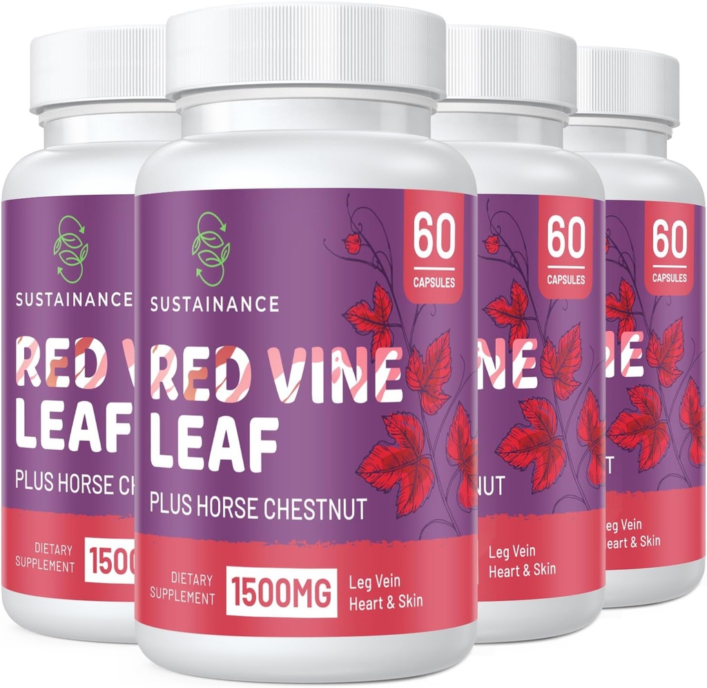 Red Vine Leaf Extract 1400 mg & Horse Chestnut 100 mg Supplement for Leg, Vein, Circulation, Heart, Skin (60 Capsules - 4 Şişe)