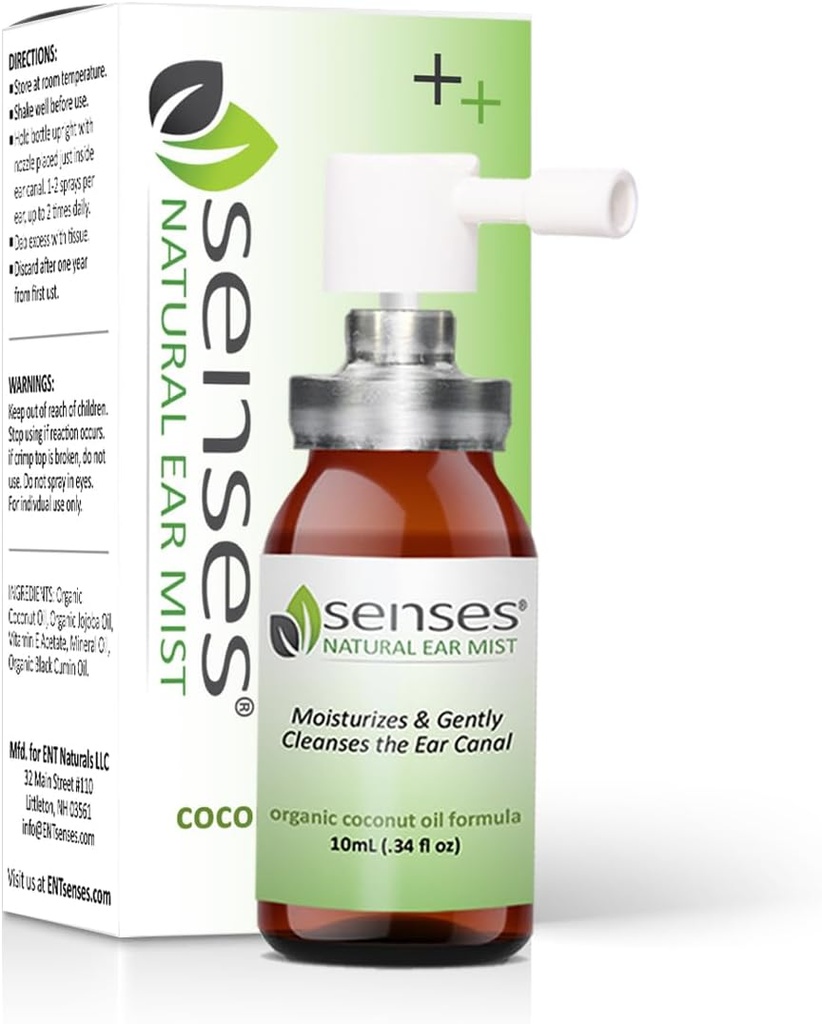 SENSES Natural Ear Drops - Physician Formulated Soothing, Organic Coconut Oil for Irritated Ears - Χρήση για Καθαρισμό, Ενυδατικό, Ανακούφιση από Αλλεργίες, Βοηθήματα Ακρόαση, και Κεριά Αυτιών, 0,34 Fl Oz