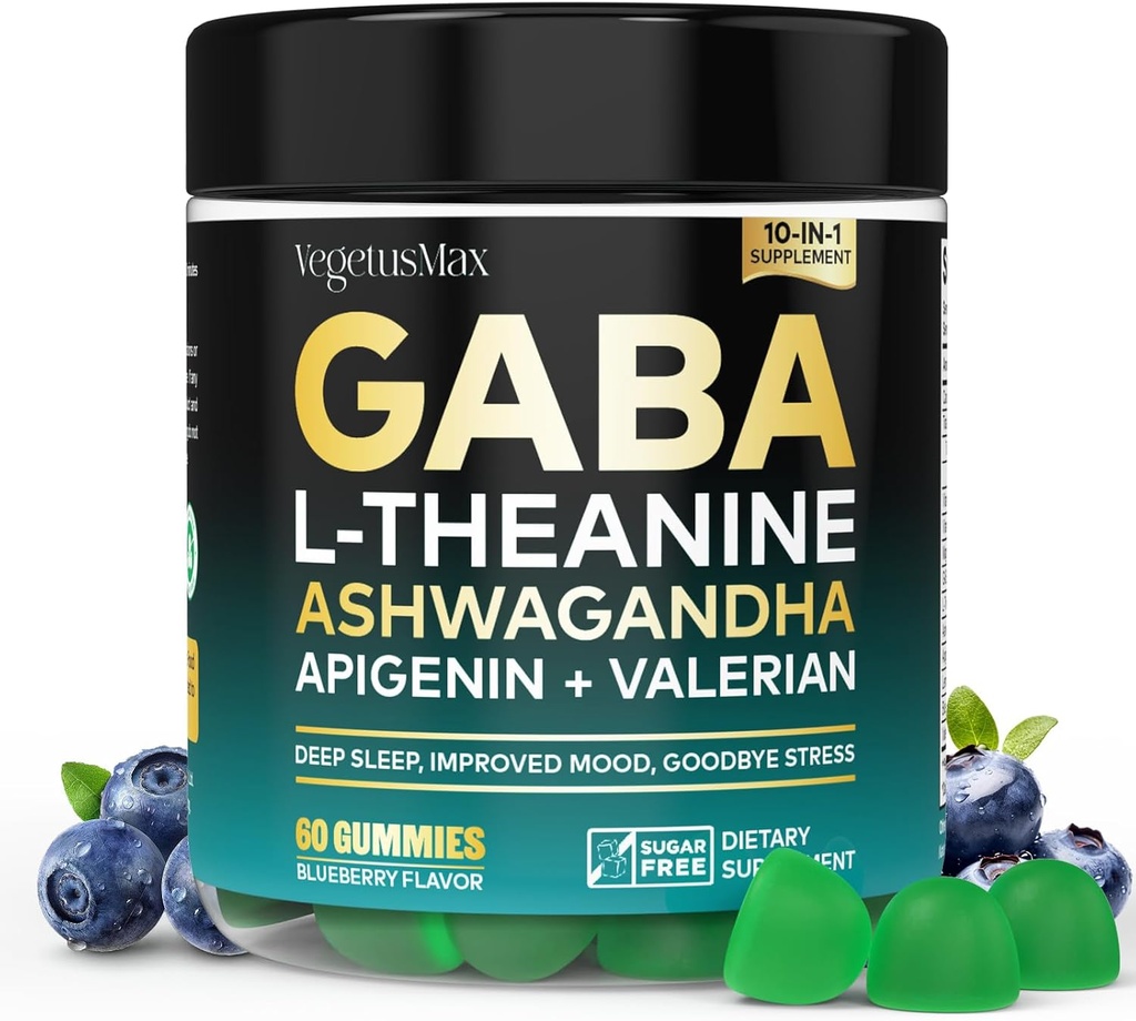 GABA L-Theanine Gummies, Sugar-Free Calm Gummies with L-Theanine, Ashwagandha,Valerian Root,Magnesium | Support Sleep,Stress Relief & Relaxation | GABA Supplement for Adult- Blueberry Flavor Flavor