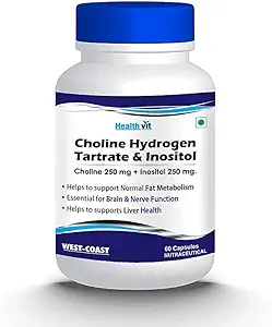 Choline Hidrojen Tartrate 250 mg & Inositol 250 Mg - 60 Capsules | Enerji Metabolism, Liver Health, Essential for Brain & Nerve Function - Non-GMO, Vegan, Gluten Free, Dairy Free,