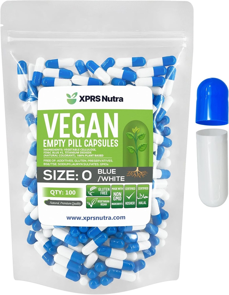 XPRS Nutra Boyutu 0 Boş Kapsüller - 100 Kont Boş Vegan Capsules - Vejetaryen Pills - DIY Sebze Kapsülü - Veggie Pill Caps for Do-It- Yourself Suplements (Mavi/Beyaz)