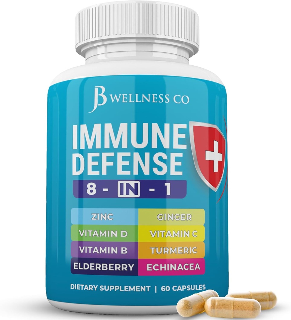 Immune Support 8 in 1 Capsules - çinko Supplement, Vitamin D3, C ve Elderberry - Echinacea, Ginger Root ve Turmeric