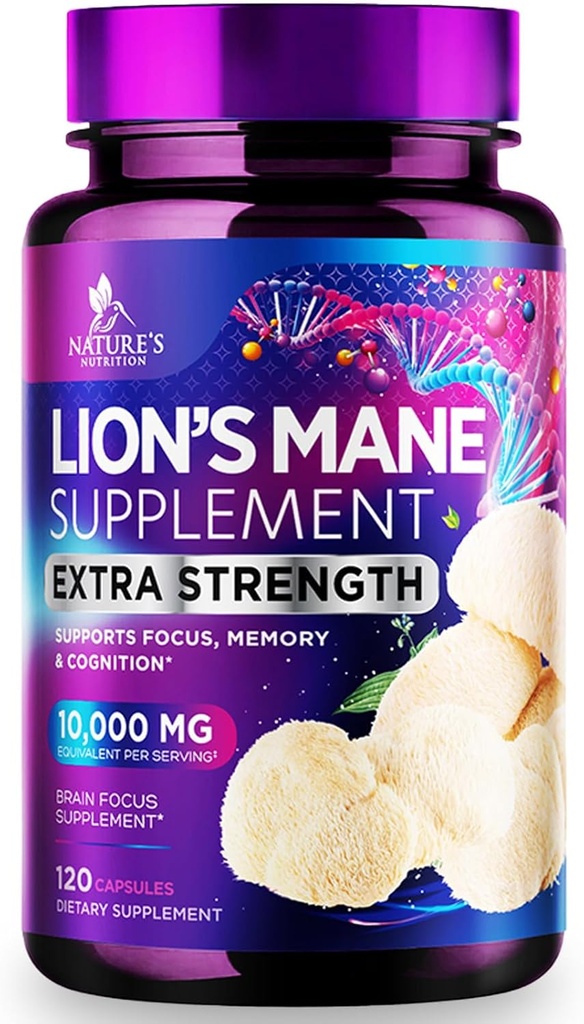 Lions Mane Mushroom Capsules 10.000mg - Lion's Mane Supplement Capsules for Memory and Focus Support, Brain, Immune Health Support, Vegan, ABD'de Şişelenmiş, Lions Mane Mushroom Toz Ekstraksiyon, 120 Kont