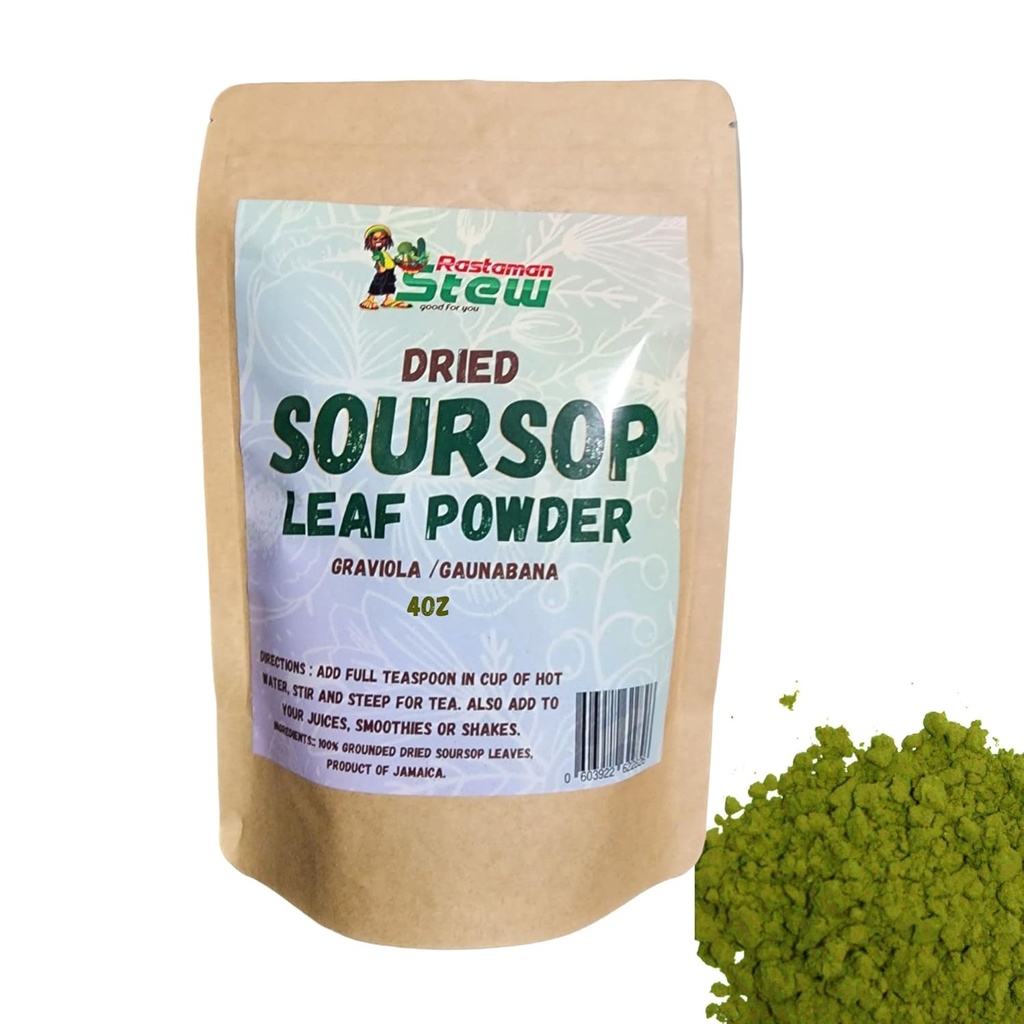 RastaMan Stew Αποξηραμένο τσάι Soursop Βιολογικά φύλλα σκόνης, καθαρό εκχύλισμα φύλλων Graviola/Φύλλα Guanabana/Sour Sop Stem - Πλούσιο σε αντιοξειδωτικό και θρεπτικά συστατικά - Δεν συντηρητικό (4oz) Brown