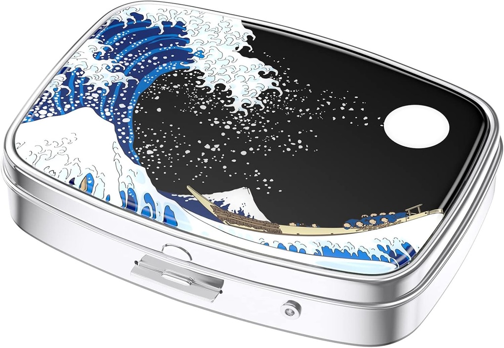 Nipichsha Pill Box, Küçük Pill Case for Purse & Pocket, Cute Travel Medicine Organizer, Portatif Tıp Konteynerleri Vitaminleri, İlaçları, Fish Oil & Supplements, Japonca Wave