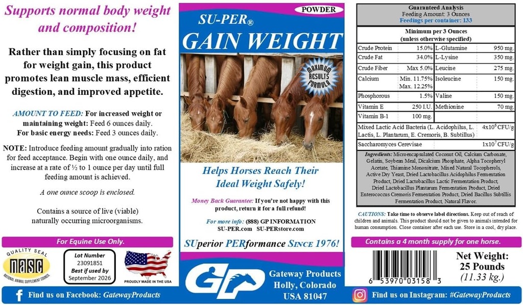 SU-PER Atlar için Kilo Vermek - Atlar için Equine Supplement Kilo Vermek - Lean Muscle Mass, Digestion & Appetite - 25 Pound, 4 Ay Supply