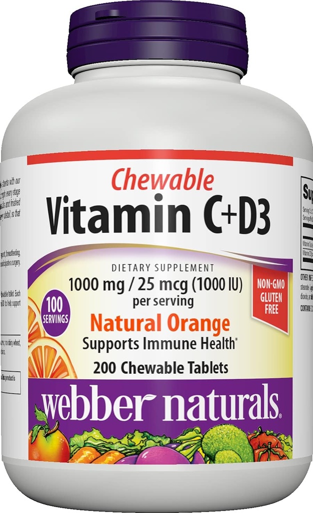 Webber Naturals Βιταμίνη C+D3, 200 Μασώμενα δισκία πορτοκαλιού, 1000 mg Βιταμίνης C με 1000 IU Βιταμίνης D3 Ανά Σερβίρισμα, Οστά, Δόντια, Ανοσοποιητικό και Αντιοξειδωτικό Υποστήριξη, Μη ΓΤΟ, Γαλακτοκομικά & Γλουτένη Χωρίς
