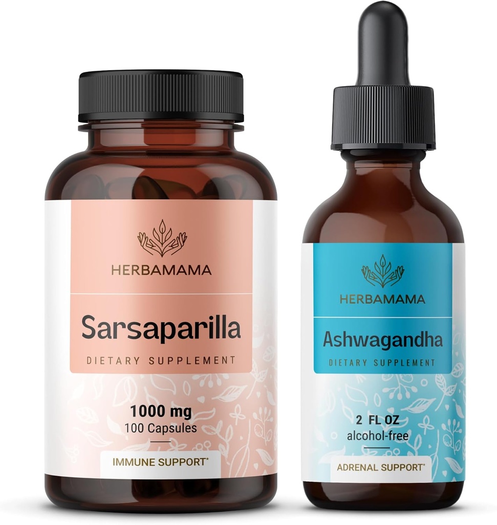 HERBAMAMA Sarsaparilla and Ashwagandha Kit - Bundle των 1000 mg Sarsaparilla Root Capses & Ashwagandha Root Tincture 2 fl oz - Vegan, Non-GMO, Sugar & Alcohol-Free - 2 Pack