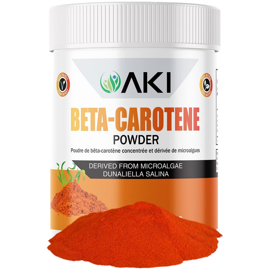 AKI Beta Carotene 10% Toz (1.5oz/42.52g) Yüksek derecede Vitamin A'nın Fountunu Artırabilir, Vücut Fonksiyonlarını Destekleyebilir, Skin, Immune Sistemi ve Göz - GMO Free & Vegan Dostu