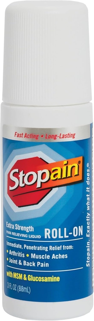 Stopain Pain Relief Roll On Gel 3oz, ABD Made, Max Strength Fast Acting with MSM, Glucosamine, Menthol for Arthritis, Lower Back, Diz, Boy, HSA FSA Onayladı OTC Topical Analgesic Ürünler