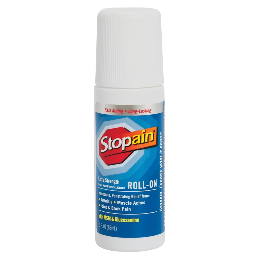 Stopain Pain Relief Roll On Gel 3oz, ABD Made, Max Strength Fast Acting with MSM, Glucosamine, Menthol for Arthritis, Lower Back, Diz, Boy, HSA FSA Onayladı OTC Topical Analgesic Ürünler