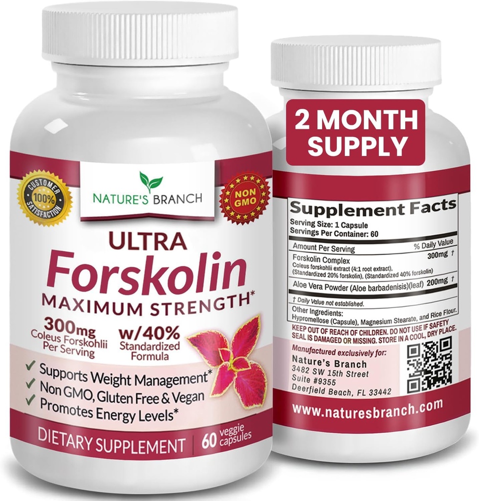Kilo Yönetimi için Ultra Pure Forskolin: Coleus Forskohlii Root Extract Toz, Erkekler ve Kadınlar için% 40 Standartlaştırılmış Lean Supplement - 60 Capsules