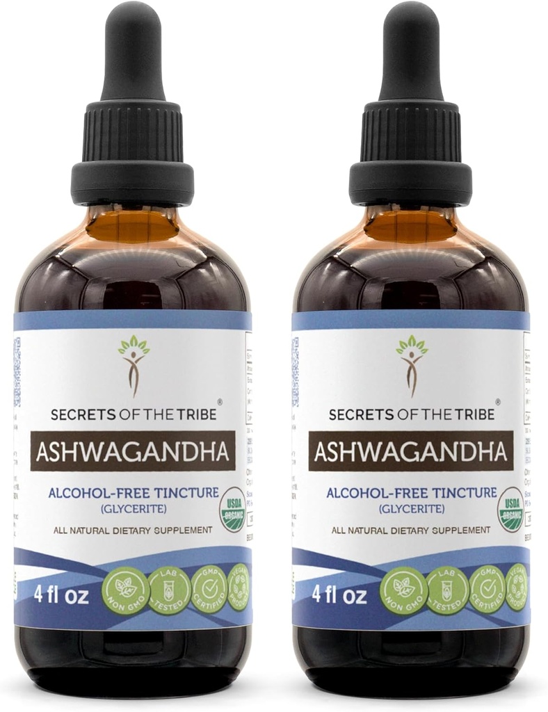 Ashwagandha Tincture Alkol Ücretsiz Ekstraksiyon, USDA Organik Ashwagandha Withania Somnifera Anti-Stress ve Relaxation 2x4 OZ